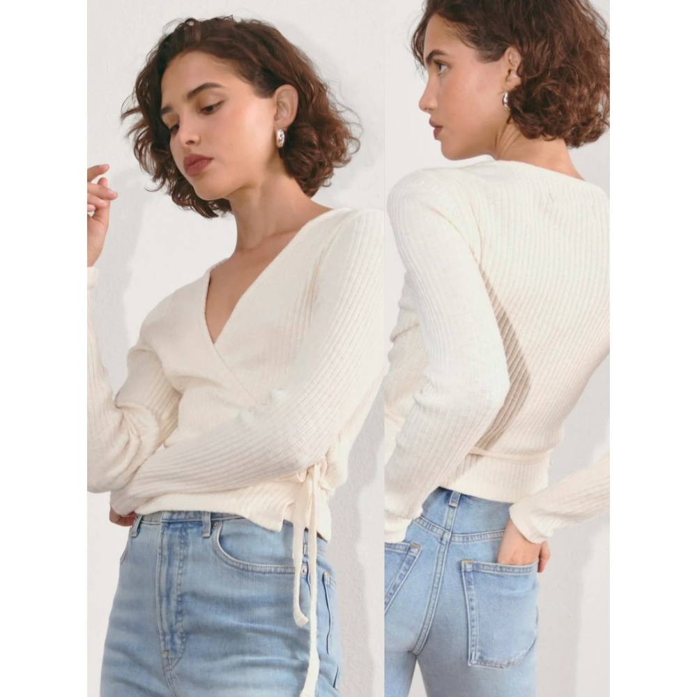 Everlane Cream Ribbed Wrap Crop Top